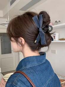 Denim Bow Ribbon Hair Clip - Stylish Black Fabric Accessory, Versatile For Parties & Birthdays, Ideal Mother'S Day Gift Hair Claws Claw Clips Hair Clips Hair Jaw Clip Hair Clamps Hair Clutch Hair Catcher Clip Fashion Hair Accessories