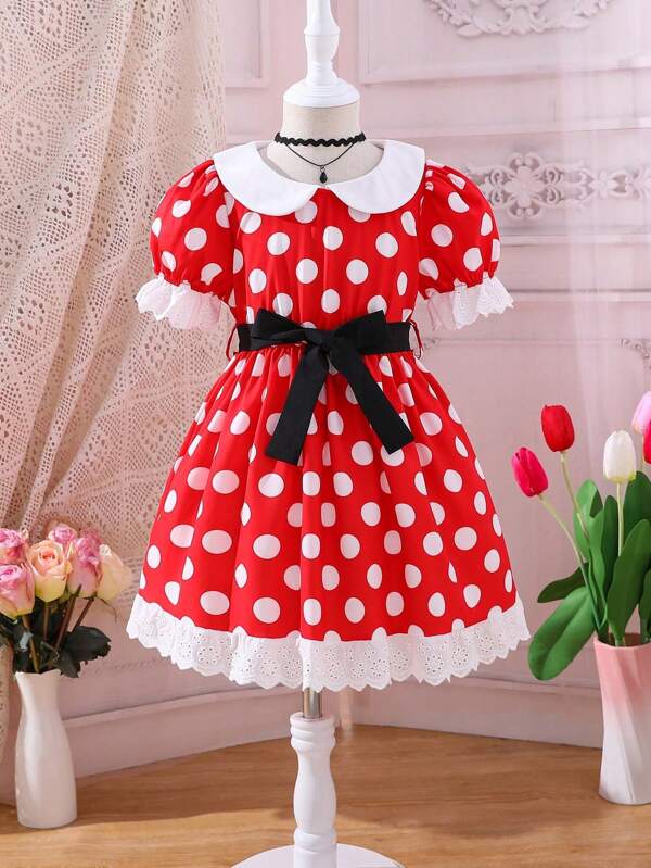 Rochie retro cu buline, pentru fete tinere, cu guler Peter Pan, manșete și tiv din dantelă, design cu legături în talie, jucăușă și fermecătoare, potrivită pentru ieșiri zilnice și petreceri, primăvară/vară