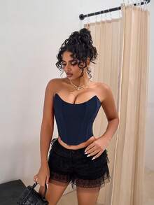 Women's Retro Strapless Sheer Mesh Corset Crop Top With Drawstring, Sexy Suitable For Music Festivals, Valentine's Day - Navy Blue - View 6