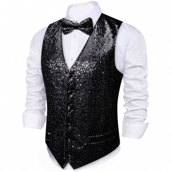 Gilet da uomo in tinta unita con paillettes e papillon, adatto per eventi