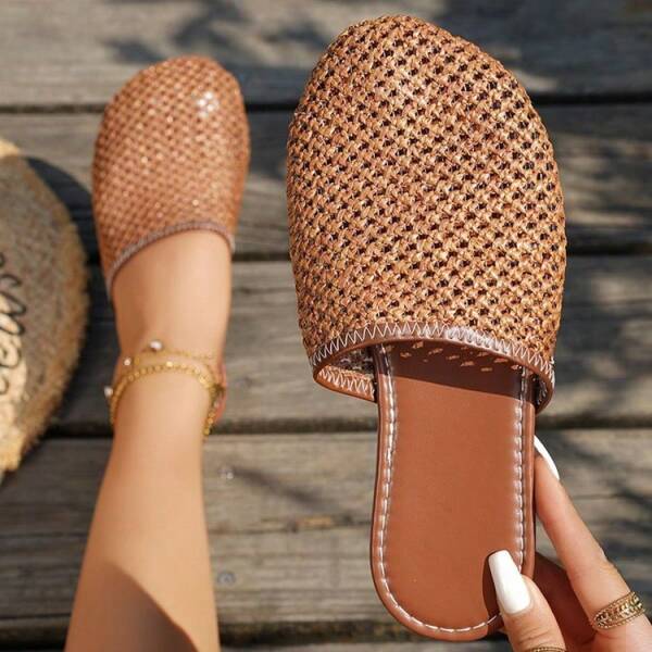Women's Summer Fashion Simple Closed Toe Slippers Retro Knitted Mules, Breathable Casual Comfy Sandals