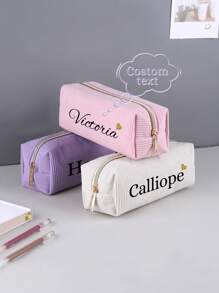 1 PIEZA Estuche para lápices de pana con transferencia térmica personalizada, estuche de almacenamiento de papelería con cremallera, accesorios de escritorio para el almacenamiento de aprendizaje, esenciales de regreso a la escuela (estuche de maquillaje) para estudiantes de secundaria, preparatoria, universidad y principiantes.