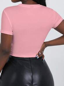 Gun And Rose Placement Print,Women's Crop Length Slim Fit Round Neck Short Sleeve T-Shirts&Top,Rose&Slogan Letter,Daily&Beach&Night Out&Holiday&Office&Home&Street,For Spring&Summer&Fall,Vacation, Vacation,Summer Tops,Summer For Women,Summer,White Top - Baby Pink - View 2