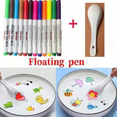 8/12支浮墨魔法水绘画笔，适合绘画的益智玩具着色笔（部分颜色随机），趣味可擦笔，水浮笔，水中绘画水彩笔，神奇绘画