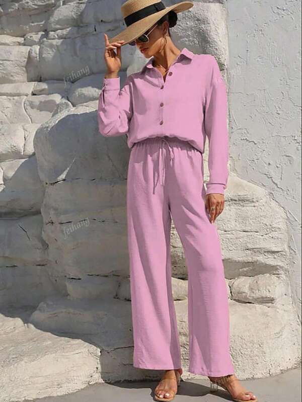 Set van 2 stuks plus size dames roze shirt met lange mouwen en broek