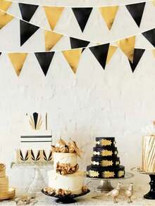 1 件派对装饰三角旗，黑色和金色派对装饰三角旗横幅旗帜金属织物彩旗花环适用于生日毕业周年婚礼订婚派对用品、圣诞节、万圣节派对装饰 - 彩色 - 查看 2