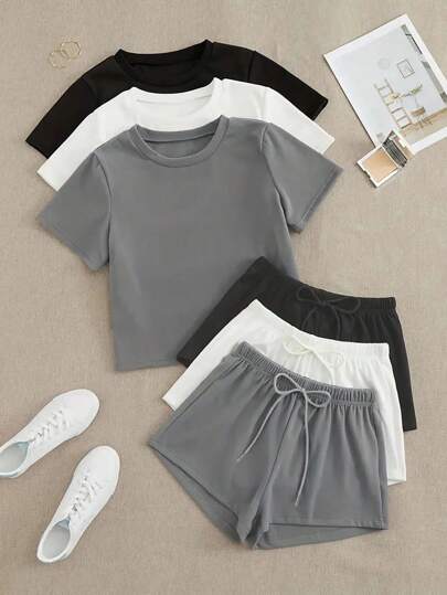 3pcs Women Comfortable Pajama Sets: Short Sleeve Round Neck Top And Loose Shorts - Easy Care, Drawstring, Knitted Fabric, Suitable For Spring/Summer Sportswear And Outdoor, Great For Summer Nights And Leisure Days, Lounge Outfit