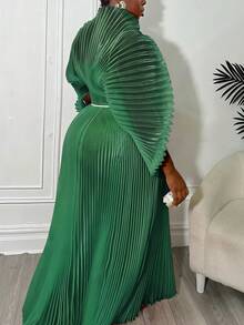 GLOURI Naija Style Black Pleated Maxi Dress - Elegant Mesh Formal Gown With Stretchy Maternity Waist, Nigerian Wedding Guest Dress For Photoshoots/Birthday Parties/African Events (Long Sleeve) - 綠色 - 查看 3