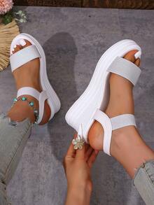 Plus Size Women Bohemian Rhinestone Embellished Wedge Sole Casual Beach Sandals - White - View 6