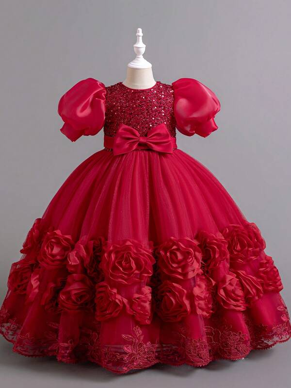Rochie elegantă și drăguță de prințesă pentru fetițe, cu decor floral, mâneci bufante și fustă pufoasă, rochie de petrecere/mireasă