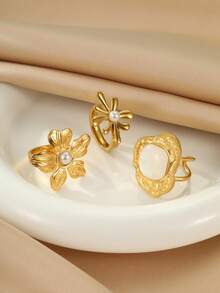 Set de 3 anillos de flor dorados de acero inoxidable para mujer, incrustados con perla y piedra natural, adecuado para uso diario - Amarillo Oro - Ver 2