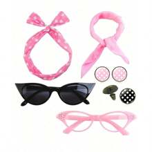D EXCEED 6PCS Vintage 1950s Women's Accessory Collection | Retro-Inspired Prop Cat-Eye Glasses, Scarf Collar Headbands & Silk Hair Scarves With Polka Dot Stud Earrings - Perfect For Vintage-Themed Parties & Events
