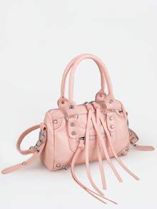 1件粉色拼接铆钉金属流苏拉链装饰复古PU材质肩带装饰铆钉双提手可调节长肩带拉链闭合时尚复古甜美酷炫朋克Y2K风格摩托车包，女士手提包休闲低调奢华风格女士斜挎包可装手机、卡包，适合日常、旅行、购物 - 粉色 - 查看 6