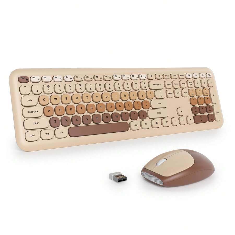Quiet Wireless Keyboard And Mouse, Retro Typewriter-Style Full-Size Colorful Keyboard And Mouse Combo, Slim Design, Low-Noise Typing For Windows PC Laptop - Cà phê nâu - Xem 1