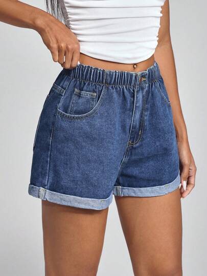 Jeanoix Slant Pocket Casual Washed Turn Up Hem Denim Shorts