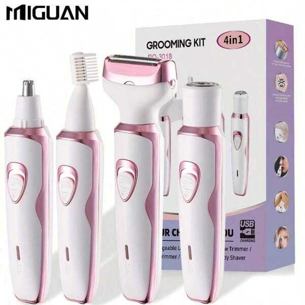 4-In-1 Women's Electric Razor Kit - Rechargeable, Painless Shaving For Face, Nose, Legs & Bikini Area, Portable With USB Charging Battery Capacity 500mAh