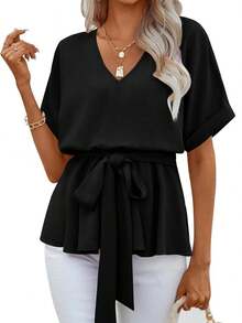 Womens V Neck Short Sleeve Belted Tops Casual Blouse Basic Tee Shirts - 黑色 - 查看 5