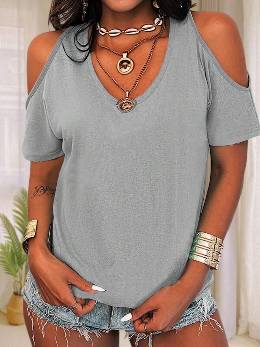 Women's Summer Cold Shoulder T-Shirt Casual Short Sleeve V Neck Blouse Top - 灰色 - 查看 1