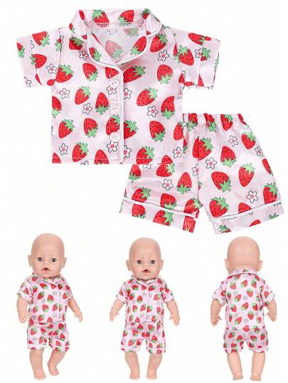 Fits 16-18 Inch Reborn Doll Clothes, 2Pcs Strawberry Pajama Set For 43CM Doll Outfit (Doll Not Included)