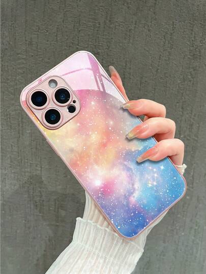 1 pieza Nueva funda de teléfono de vidrio templado de alta definición con diseño creativo y brillante de teñido anudado y estampado de acuarela, compatible con Apple 16 Pro Max/15/14 Plus/13/12/11/XR/8P y Galaxy S25/S24/S23 Ultra/S22/S20/Note20/Note10/A56/A53/A14/A05