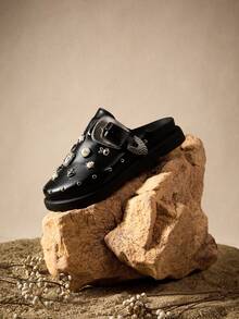 Tropiscape Women's Fashionable And Comfortable Black Wedge Heel & Thick Sole Oxford Shoes With Rivets Valentines Bohemia Chill Vacation Beach Autumn Winter Gifts - Black - View 4