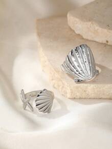 2 piezas Anillos de acero inoxidable con diseño de estrella de mar y concha para mujeres, elegante joyería estilo bohemio para viajes y playa