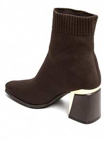 Women's Solid Color Pointed Toe Zipper Fashion Mid-Calf Boots With Buckle - Brown - View 4