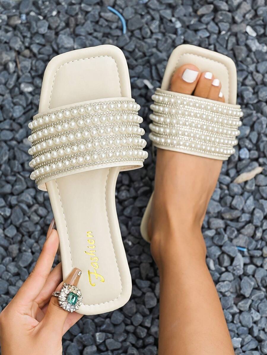 Sandalias planas con adorno de perlas para mujer - Beis - Ver 1