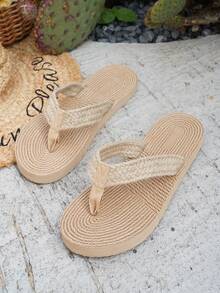 Men's Flip Flops Summer Fashion Faux Linen Sole Woven Linen Material Strap Flat Sandals, Casual Outdoor Beach Slippers - Apricot - View 4