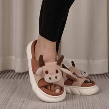 coimfine Light Brown Cartoon Cow Pattern Thick Sole Indoor House Slippers, Cloth Slippers With Open Toe, Suitable For Spring, Summer, Autumn