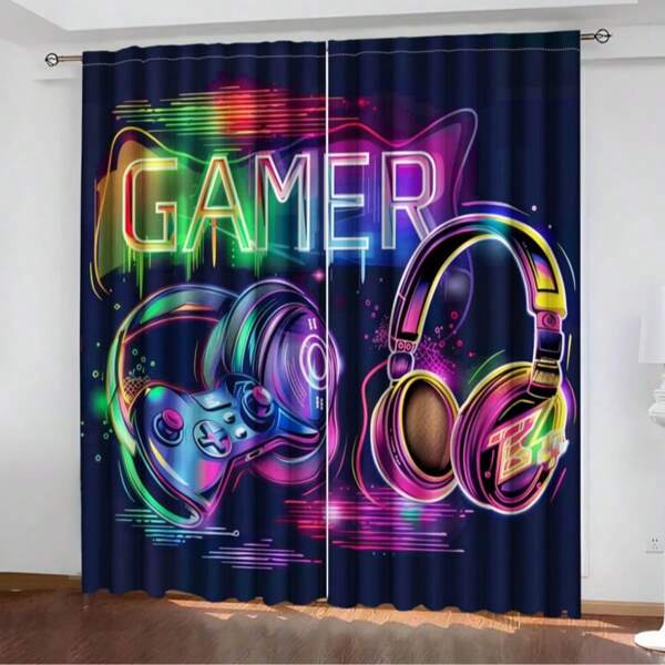 2pcs Gamer-Themed Curtains With Vibrant Headphone & Controller Design - Modern Art Privacy Decor For Bedroom, Living Room, Office, Or Dormitory - Polyester Fabric, Machine Washable, Gaming Room Decorations