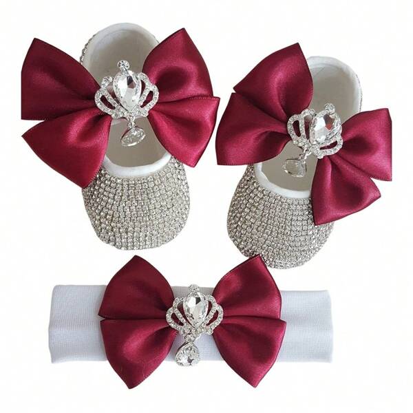Accesorios de fotografía para bebés: Zapatos de princesa con corona y diadema con cristales, set de zapatos blandos para primeros pasos de bebé/niño pequeño