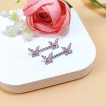 CIZME 1 Set 2pcs Nipple Rings Nipple Piercing Jewelry Nipple Rings Straight Barbells, Stainless Steel Silver Gold Butterfly Body Piercing Jewelry Nipple Piercing Barbell For Women With White Pink CZ Nipple Barbell