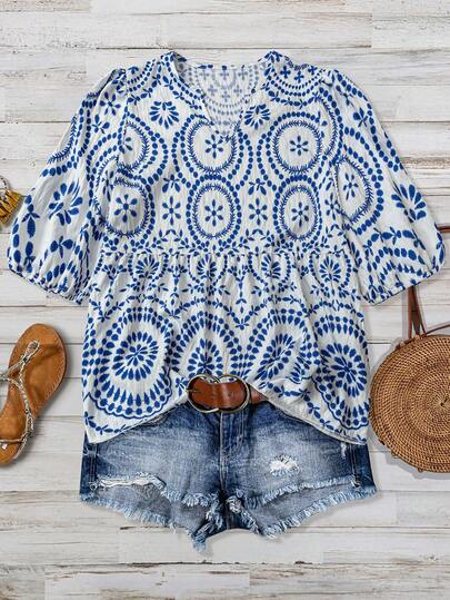 女式休闲舒适竹节结印花拼布V领套头衫