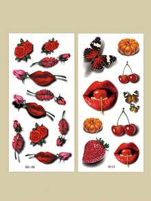 ورقتان من الوشم المؤقت، طباعة شفاه حمراء جذابة 3D ، فيونكة، كرز، قرع، وردة، مقاومة للماء، تدوم من 2 إلى 5 أيام، قادرة على تغطية الندوب، مناسبة للذراعين والرسغ والكتفين والساقين والخصر والرقبة والأيدي والصدر والفخذين والجسم