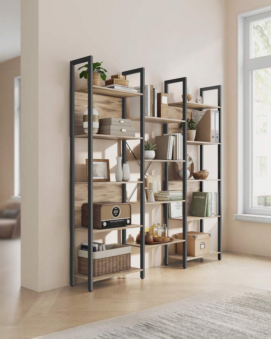 Bibliothèque, Étagère de Rangement, avec 14 Étagères, Cadre en Métal, Salon, Bureau, Style Industriel, 24 x 158 x 166 cm,  Marron Camel et Noir d'encre - Taupe - Voir 1
