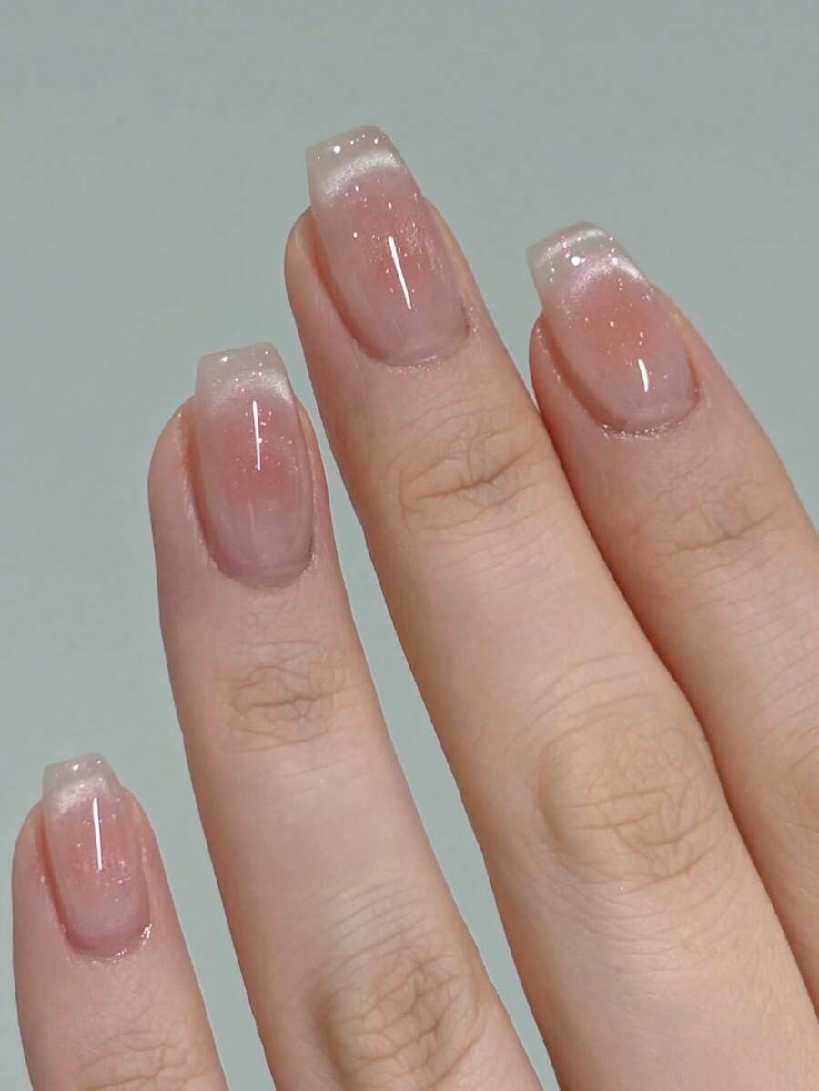 24片猫眼法式美甲贴纸，中号棺材形，带腮红法式装饰，简约风格，亮面全覆盖假指甲，适合女性和女孩日常佩戴的美甲用品 - 彩色 - 查看 1