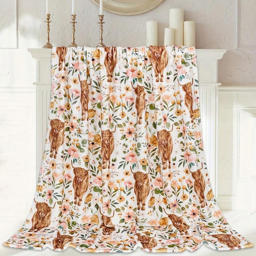 Cozy Floral Highland Cow Print Flannel Throw Blanket - Soft, Warm & Versatile For  , Adds A Modern Touch To Your Home, Creating A Comfortable Bedroom Style.   Suitable For All Seasons, Polyester,    Washable, Machine Washable, Lightweight, Breathable, Comfortable, Warm, Unique,280gsm, Suitable For Him And Her, Suitable For Napping, Camping, Traveling, Family, Daily Life Office Decoration, Birthday Anniversaries, Valentine's Day, Thanksgiving, Christmas, Halloween, Mother's Day, Father's Day, Weddings, New Year Gifts For Her, Him, Family, Boyfriend, Girlfriend Father, Family Member, Mother, Lover, Daughter, Son, Grandfather, Grandmother, Friend,  Classmate And Pet. Sofa,Bed,Car,Bedroom,Living Room,Office, Outdoor Camping, Beach,Wall Decoration Ships From USA - 彩色 - 查看 1