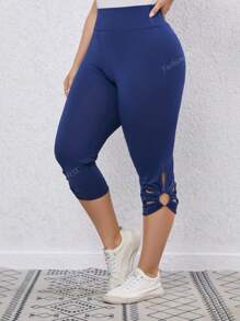Pantalón corto de tiro alto de unicolor y ajustado con diseño hueco para mujer de talla grande