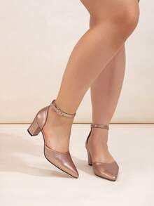 宽版香槟色 PU 皮革中空粗跟高跟鞋，适合日常、派对、正式场合、大码时尚女士高跟鞋 - 香檳色 - 查看 4