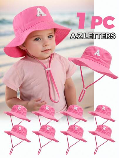 1 pieza Sombrero de sol para niños con estampado de corazones y letras, estilo informal con cordón ajustable a prueba de viento, sombrero de cubo para bebé para protección solar al aire libre en la playa