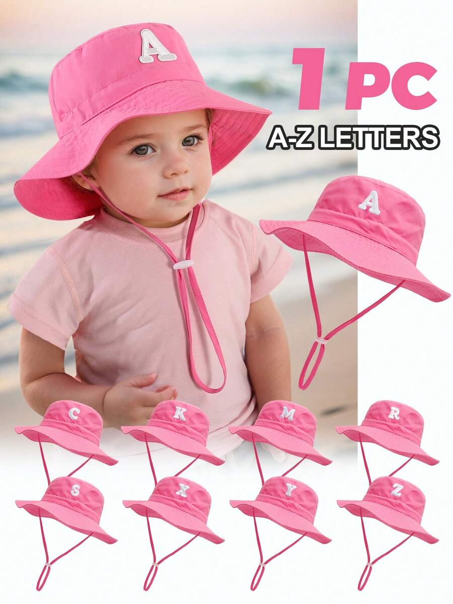 1 件儿童心形和字母印花太阳帽，休闲风格，配有可调节防风绳，婴儿渔夫帽，适合户外海滩防晒 - 深粉-貼片字母 - 查看 1