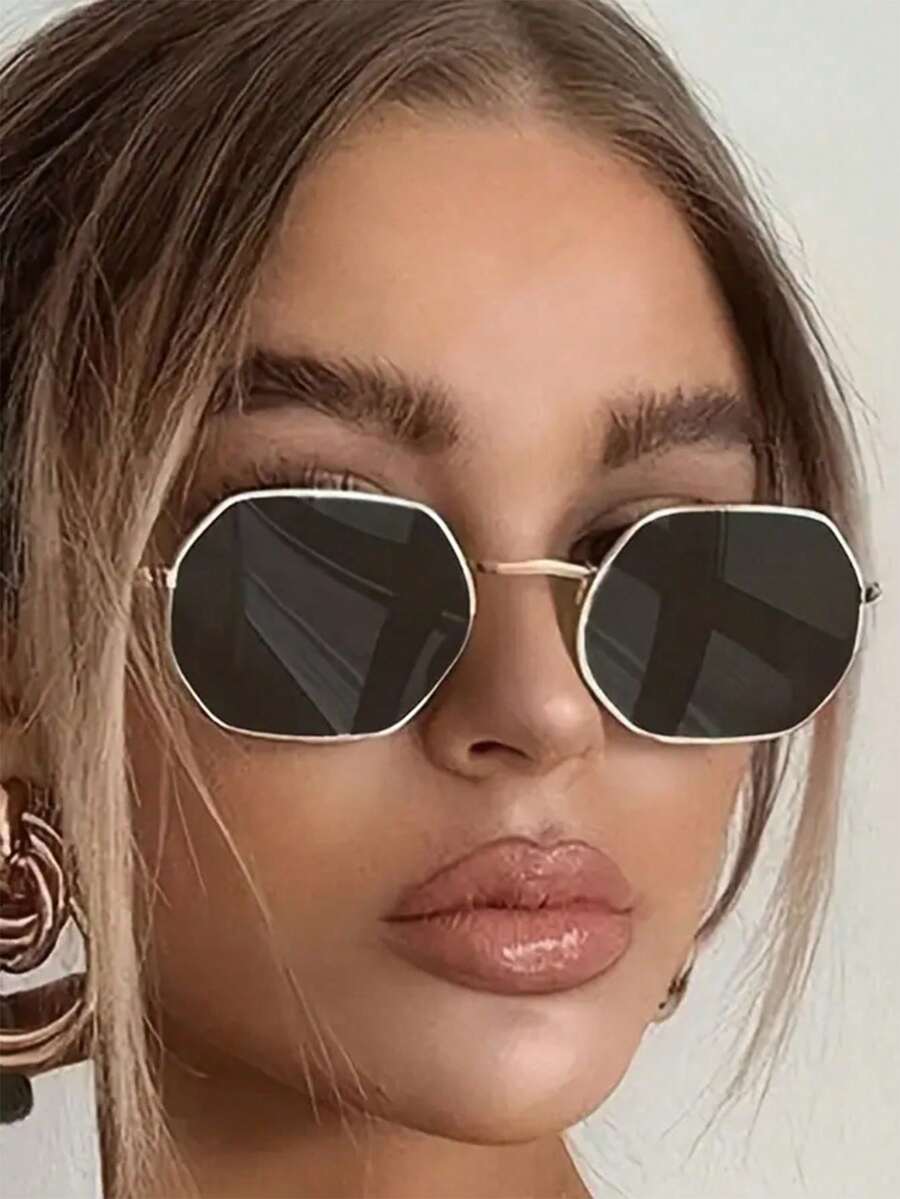 1pc Women's Fashion Metal Geometric Polygon & Chic High-End Personalized Glasses, Suitable For Daily, Commuting, Travel & More - Grey - View 1