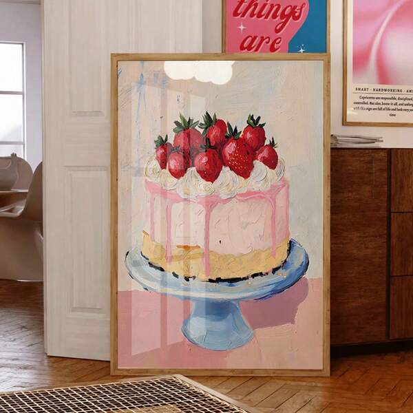 Pintura de arte imprimible de pastel de fresa, decoración de dopamina, arte de pared de pastel retro, impresión de cocina de pastel vintage bonita, pintura de pastel arte de pared retro, pintura de pastel de fresa, sin marco