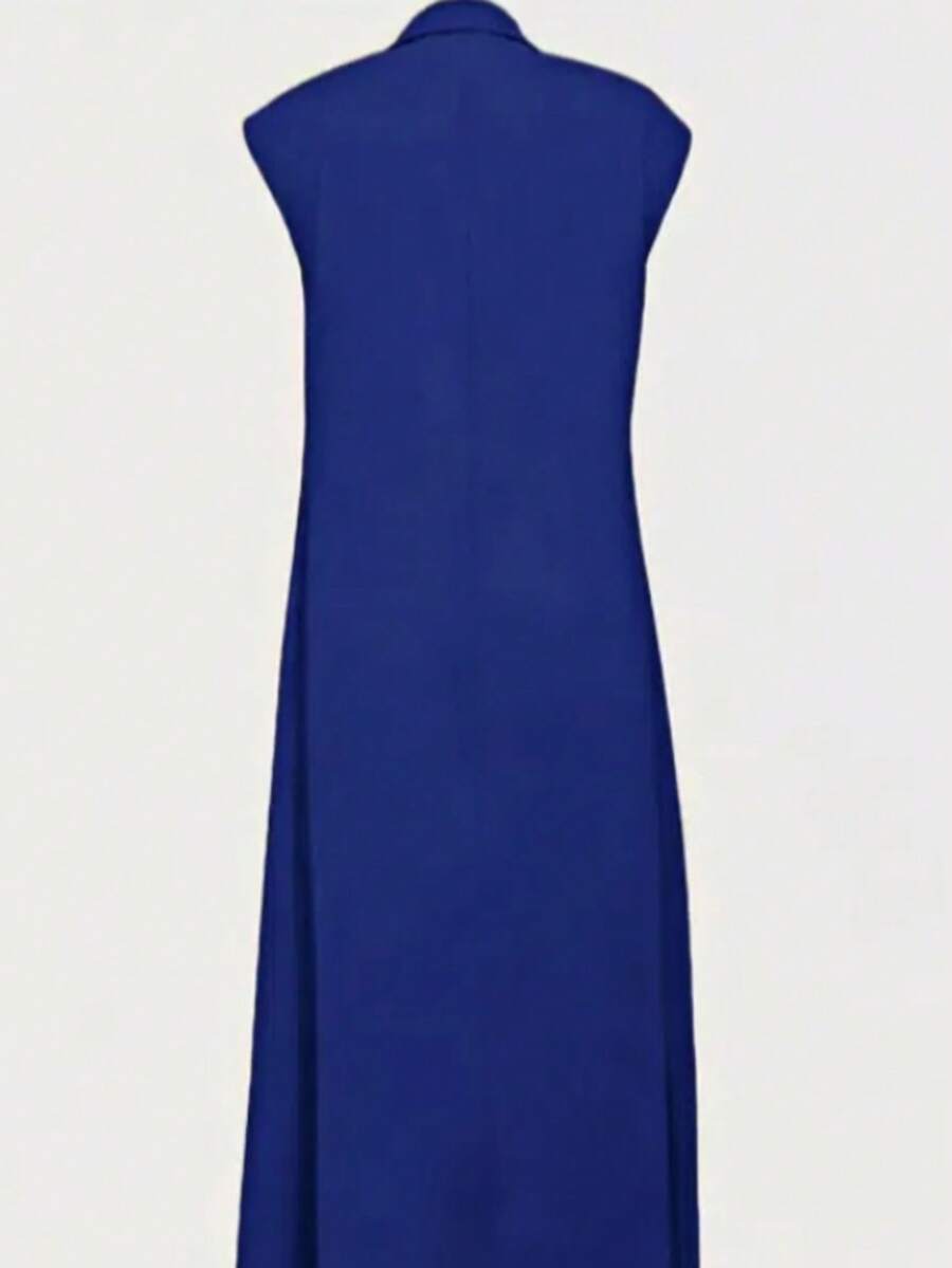 Vestido largo casual de color liso con botones delanteros para mujer - Azul - Ver 1