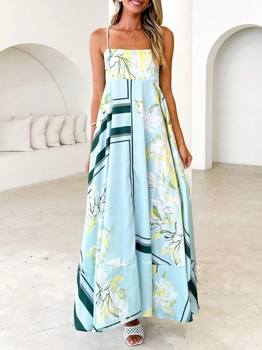 Women Y2K Maxi Dress Smocked Spaghetti Strap Sleeveless Long Flowy Dress Boho Backless Aline Long Dress Summer Casual Beach Sun Dress - 藍色 - 查看 1