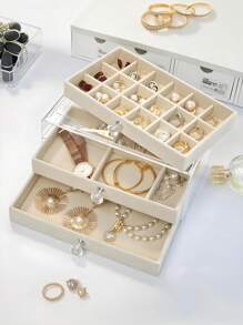 1pc, 54 Compartments, 5 Layers, Transparent, Velvet Cloth, Acrylic Jewelry Storage Box - Large Capacity Earrings, Rings, Necklaces Storage, Home And Travel Dual Use, Fade-Resistant Padded Drawer Design, Women's Gift, Modern Style Jewelry Box