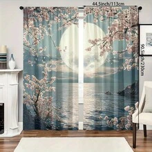 2pcs Set Decorative Art Cherry Blossom & Moonlight Print Sheer Curtain Panels, Polyester Rod Pocket Drapes For Bedroom, Living Room, Office - Fade Resistant, Machine Washable, Year-Round Decor - Multicolor - View 1