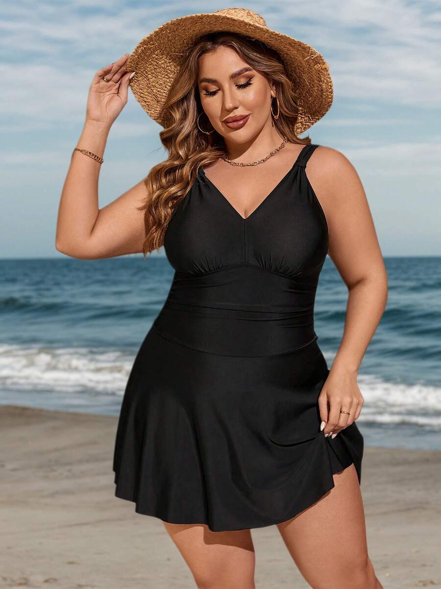 Swim Lushoire Summer Beach Plus Size One Piece Swimsuit - Black - View 1