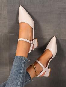 Giày sandal mũi nhọn màu trơn tối giản cho nữ, thiết kế khóa cài, giày lười đế thấp thanh lịch thoải mái, phù hợp cho mùa xuân, hè và thu! Màu be và đen cổ điển, phù hợp để đi làm, dự tiệc và những dịp trang trọng, giày cao gót đế thô thời trang giản dị - Màu be - Xem 1